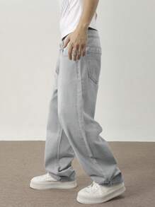 Chillumni Men Slant Pocket Wide Leg Jeans Simple Fashion - Grey - View 8