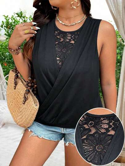 Breezaya Plus Size Summer High Elasticity Knitted Criss-Cross Wrap Lace 2 In 1 Cinched Waist Casual Tank Top