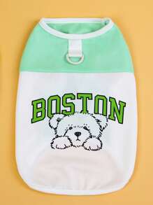 PETSIN Rompi Anjing/Kucing Jaring Ringan Bernapas Motif Anak Anjing BOSTON yang Lucu dan Energik untuk Musim Semi/Panas, Dapat Dipakai & Diikat dengan Tali - Hijau - View 2