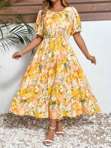 SHEIN Clasi 大码女式彩色花卉印花雪纺半透明中长连衣裙，优雅浪漫休闲街头服饰，春夏女式连衣裙，女式夏季连衣裙