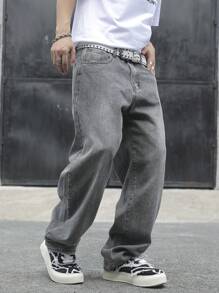 Manfinity Hypemode Loose Fit Men's Slant Pocket Wide Leg Jeans - Light Grey - View 3