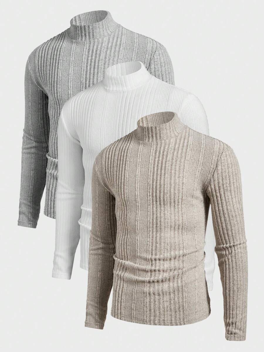 Manfinity VCAY Conjunto de 3 camisetas de manga larga de cuello redondo de corte slim casual para hombre, adecuado para otoño