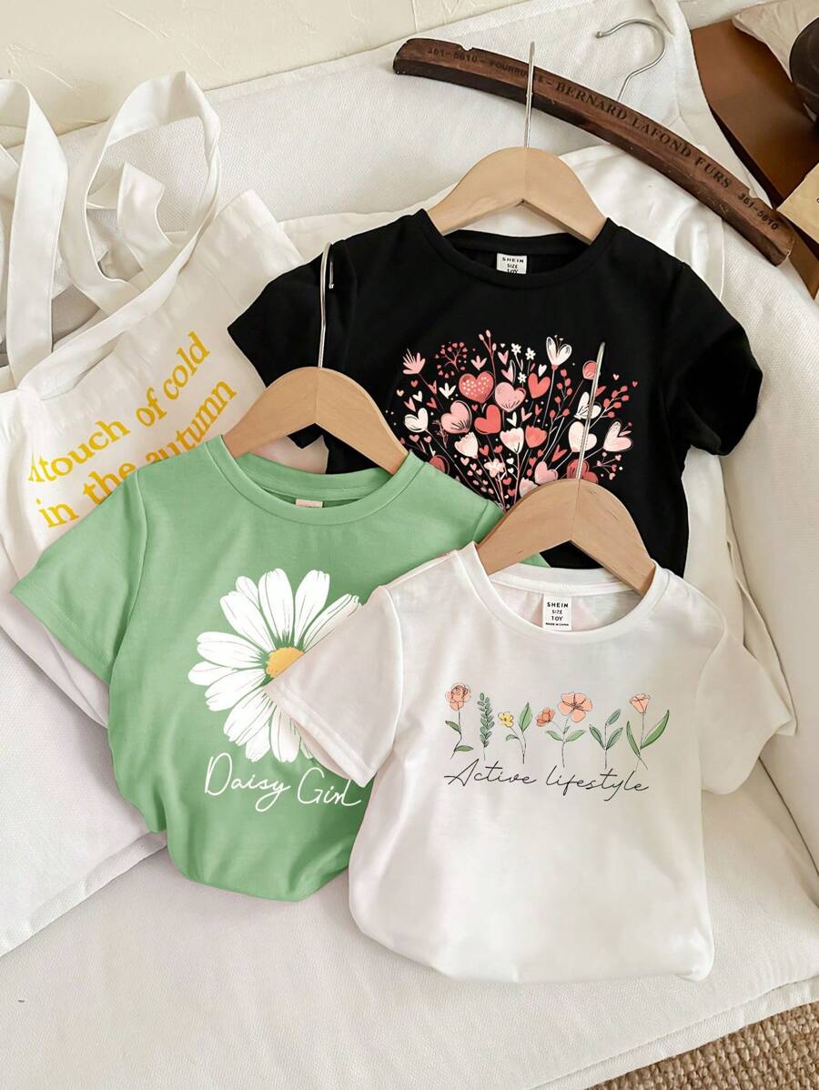 SHEIN Leap Crew 青少年女孩休闲简约卡通图案多件装 T 恤,适合夏季 - 彩色 - 查看 1