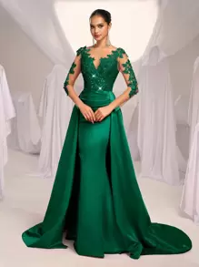 SHEIN Belle 优雅撞色网纱贴花长袖V领亮片缎面拼接高腰修身美人鱼尾夸张缝线拼接正式晚礼服、派对礼服、婚礼宾客礼服、晚宴礼服、情人节礼服 - 墨綠色 - 查看 5