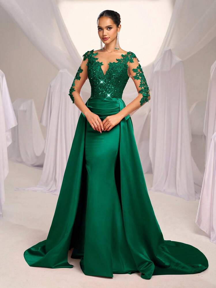 SHEIN Belle Elegante vestido de noche de satén con parches de lentejuelas, cuello en V, manga larga, aplicaciones de malla de contraste, cintura alta, silueta de sirena con costuras exageradas, ideal para eventos formales, fiestas, bodas y el Día de San Valentín - Verde Oscuro - Añade 5