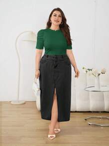 SHEIN Privé Áo thun tay ngắn màu trơn cỡ lớn, thời trang tối giản, phù hợp cho mùa hè - Màu xanh lá cây đậm - Xem 6