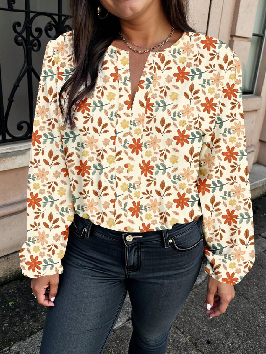 Glamance PATTERNIARY Artist Plus Size Apricot Ditsy Floral Long Sleeve Button Down Shirt, Suitable For Spring - Multicolor - View 1