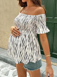 SHEIN Maternity T-Shirt With Off Shoulder, Cable Knit Top, Ruffle Striped Hem Summer Clothes Women Tops - Multicolor - View 3