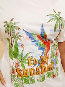 Travachic Tropischer Muster Große Größen Lässig Urlaub Strand lose Off-Shoulder Papagei Palme Gestricktes T-Shirt Kleid, Frauen Große Größen