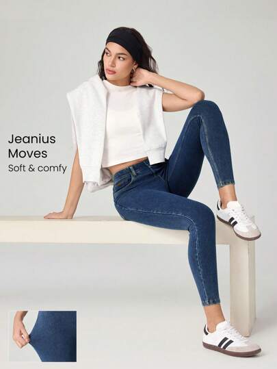 GLOWMODE Jeggings Jeanious Super-Stretch de Brim Clássico com Cinco Bolsos, Para Uso Diário e Ioga