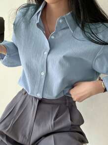 DAZY Solid Button Through Shirt,Long Sleeve Tops,Fall Clothes