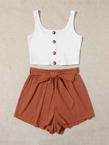 SHEIN VCAY 大码度假休闲短款背心和短裤两件套，女士服装两件套度假装女士夏季服装女士抹胸短款上衣 - 白色 - 查看 6