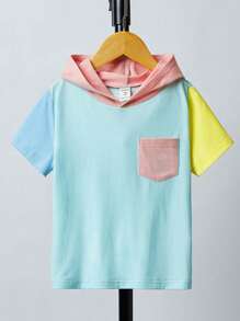 SHEIN Camiseta Joven Con Capucha Y Bolsillo Parchado A Bloques De Color