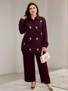 Veilorie 2pcs Plus Size Floral Embroidery Shirt & Pants Set - Burgundy - View 2