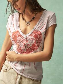 Bohemela Boho Solid Color V-Neck Short Sleeve Fitted Washed Women T-Shirt