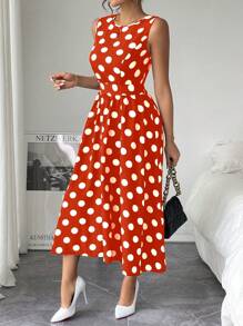 Chiquease 1 Pc Women Sleeveless Slim Waist Polka Dot A-Line Dress, Black Work Office Dress Maxi Women Outfit - Red - View 6