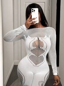 BamGleam 女士圆领长袖紧身镂空提花连体裤 - 白色 - 查看 4