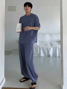 DAZY 1 Set Men's Summer Solid Gray T-Shirt And Pants Matching Pajama Set, Fall Winter Clothes - Blue - View 8