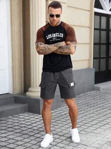 Manfinity Homme 男士多口袋休闲纯色时尚百搭工装短裤 - 深灰色 - 查看 4