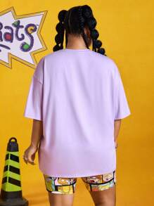 Nick 90s | SHEIN 2pcs/Set Plus Size Summer Casual Cute Cartoon Print Short Sleeve Purple T-Shirt And Black Leggings Women Plus Clothing Two Pieces Summer Spring Music Festival