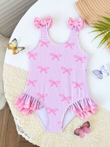 SHEIN Little Girls Print One-Piece Swimsuit With Ruffles - Pink - View 1
