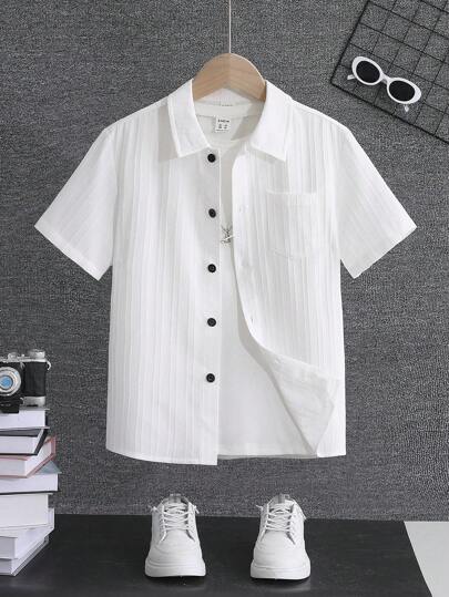 SHEIN Boys' Solid Color Minimalist Casual Short Sleeve Woven Shirt