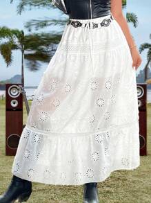 Flirla Saia Branca de Cintura Alta Solta Estilo A-Line com Barra Franjas, Bordados, Retalhos e Renda, Inspirada em Festival, Boho, Hippie, Cowgirl, Velhos Ricos, Praia, para Mulheres Plus Size