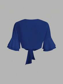 SHEIN Unity Women Front Tie Mid-Length Sleeve Simple Cropped Top, Solid Color Women Shirt - Royal Blue - View 2