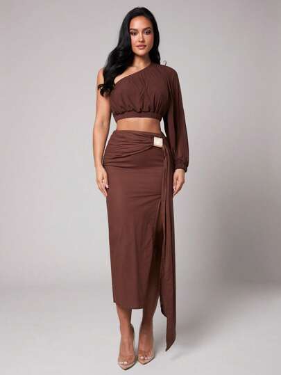 Silquee Luxury In Linens For Spring And Summer, Take It Slow, Timeless Linens Solid Red Brown Chocolate Metal Decoration Skirt, Natural Brown, Linen Women's Fashion Casual Front Draped Asymmetrical Long Skirt, Comfortable To Wear, Soft Fabric, Suitable For Daily Vacation Wear