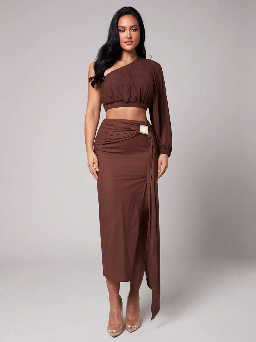 Silquee Luxury In Linens For Spring And Summer, Take It Slow, Timeless Linens Solid Red Brown Chocolate Metal Decoration Skirt, Natural Brown, Linen Women's Fashion Casual Front Draped Asymmetrical Long Skirt, Comfortable To Wear, Soft Fabric, Suitable For Daily Vacation Wear - Chocolate Brown - View 1
