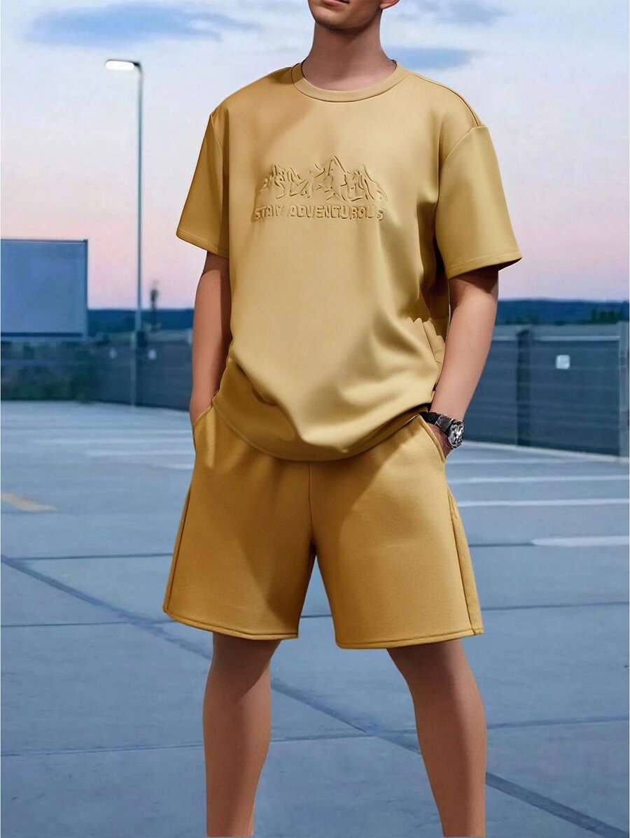 2pcs/Set Teen Boys Summer Streetwear Outfit,Mountain Peak Letter 3D Embossed Print Round Neck Short Sleeve T-Shirt And Drawstring Waist Shorts Set - Khaki - View 1