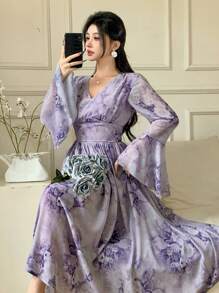 DAZY V-Neck Floral Print Midi Ruffled Hem Dress For Women Elegant,Fall Dress Long Sleeve Dress Easter - Purple - View 9