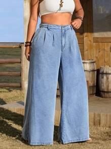 EMERY ROSE Plus Size Loose Fit Simple Fashionable Denim Jeans, Suitable For Summer - Blue - View 5