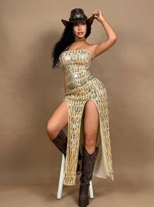 SHEIN SXY 女士性感亮片高开叉露肩连衣裙、女士礼服、女士性感俱乐部服装、女士西装、女士音乐会服装、狂欢、节日、管状、亮片、纳什维尔服装、金色