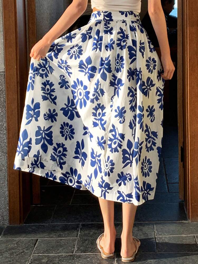 Women's Floral Print A-Line Waist Belt Maxi Casual Skirt