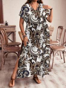 EMERY ROSE Große Größen Kleid mit V-Ausschnitt, Schulterärmel, Schlitz Taille und Paisley Blumen Muster, geeignet für den Sommer