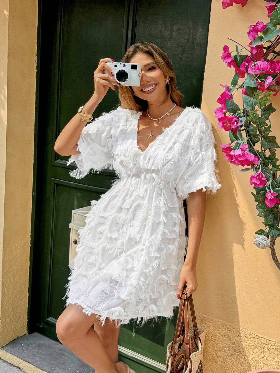 Breezaya Women Simple Fashion V-Neck Cut-Out Apricot Color Summer Dress - White - View 1