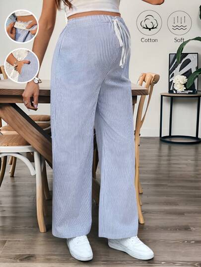 SHEIN 可调节腰部条纹口袋孕妇休闲裤
