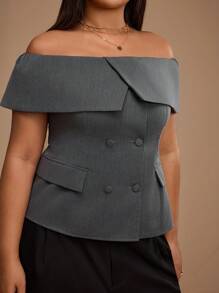 Forever 21 Plus Size Women Fairy Off Shoulder Lapel Blouse, Simple Commuting Office Wear, Spring - Grey - View 5