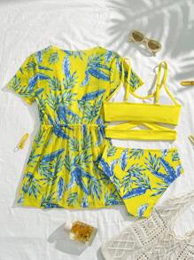 Tween Girls Cross Bikini Set With Tropical Botanical Print Kimon - Multicolor - View 2