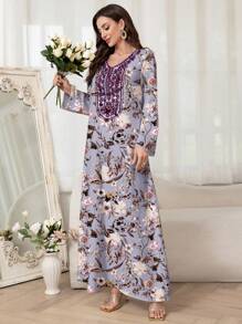 Al Najma 女士优雅花卉印花阿拉伯风格连衣裙，端庄 - 淺灰紫 - 查看 6