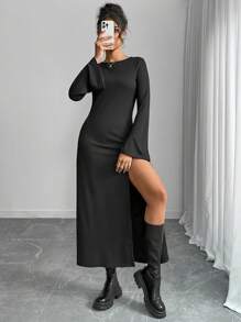 Women Long Sleeve Solid Color Dress, Minimalist Style Suitable For Summer Fall Cloth For Women - Black - View 4