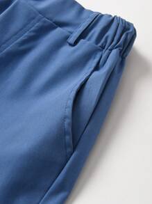 Souflis Souflis 年轻男孩休闲纯色裤，带有一个纽扣装饰和斜口袋，简洁方便的松紧腰部设计适合日常穿着、旅行、派对、度假、时尚搭配 - 藍色 - 查看 5