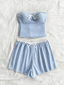 SHEIN Unity Women 2pcs Set - Striped Bow Decor Crop Top And Shorts - Blue - View 5