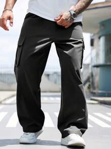 Manfinity CasualCool Plus Size Men Casual Solid Color Drawstring Waist Cargo Pants, Fall - Black - View 5