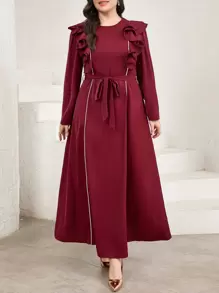 Modelyn 大码女士土耳其荷叶边罩衫和传统阿拉伯长袍 - 酒紅色 - 查看 6