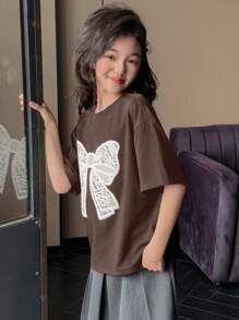 Dazy Kids 青少年女孩圆领针织短袖蝴蝶印花 T 恤，春夏季，返校服装 - 咖啡棕 - 查看 2