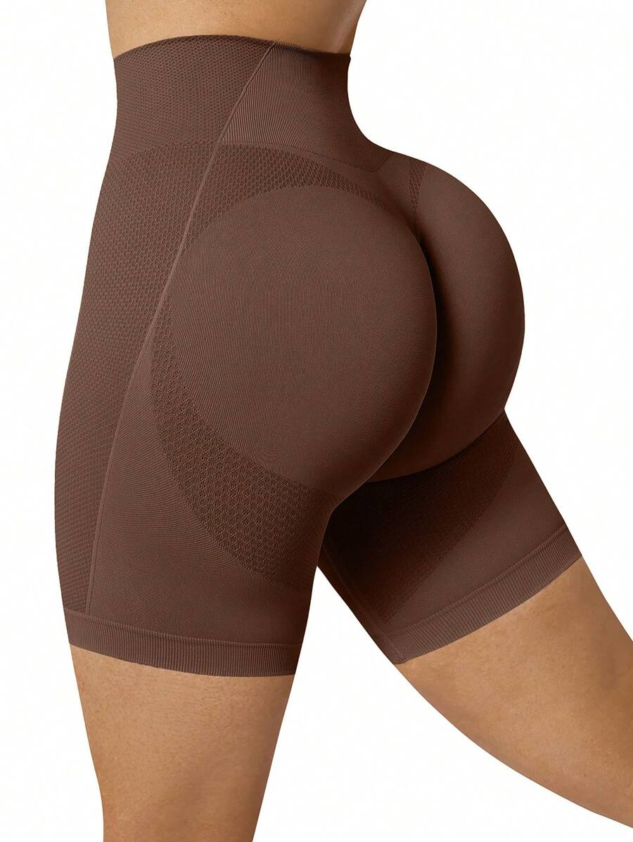 Easithlete Women's Solid Color High Waist Seamless Elastic Sports Shorts - Brown - View 1