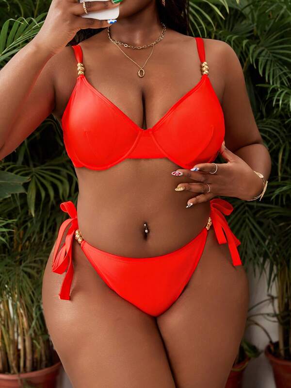 Slaydiva Große Größen Zweiteiliges Badeanzug-Set für Damen, Einfarbig, mit Bügel, rundem Perlenbesatz, sexy, einfach, hohe Taille, dreieckige Hosen mit Schlitz, lässiger Resort-Stil