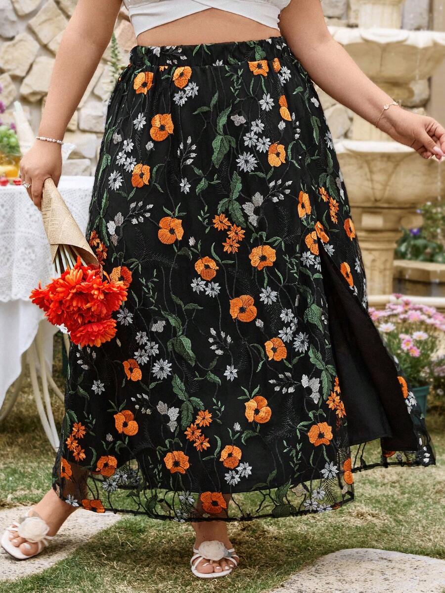 SHEIN VCAY Plus Size Bohemian Style Applique Side Split Double Layer Skirt